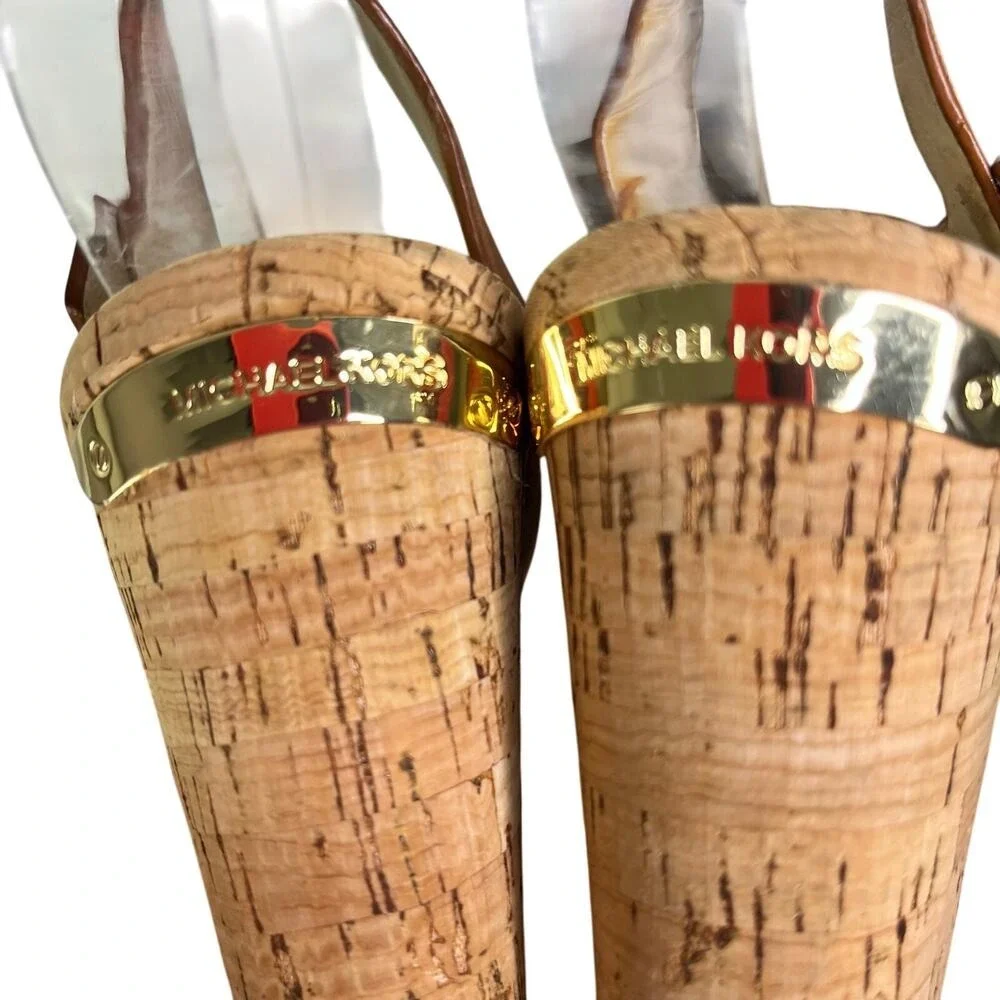 Michael Kors Platform Sandals 6 Tan Leather Boho Cork Block‎ Heel Buckle Strap